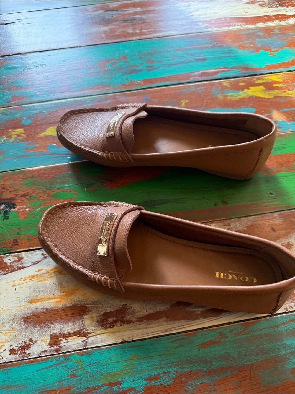 Coach Tan Leather Women’s Fredrica Loafers with Gold Hardware Size 7 Saddle Tan - Picture 12 of 13